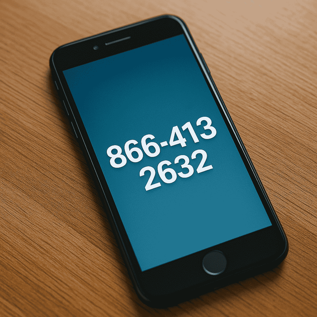 Smartphone screen displaying contact number 866-413-2632