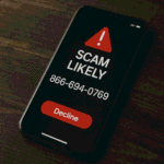Smartphone screen displaying scam call warning from 866-694-0769