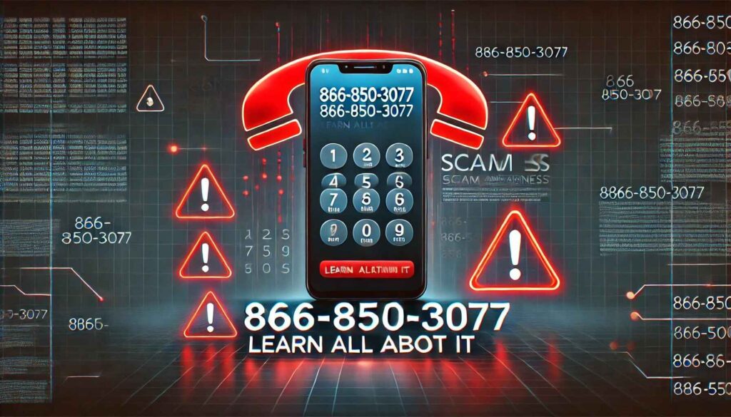 A warning sign with 866-850-3077 displayed on a ringing phone, alerting about potential scams.