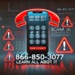 A warning sign with 866-850-3077 displayed on a ringing phone, alerting about potential scams.