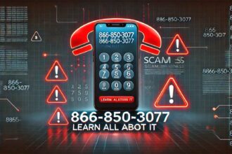 A warning sign with 866-850-3077 displayed on a ringing phone, alerting about potential scams.