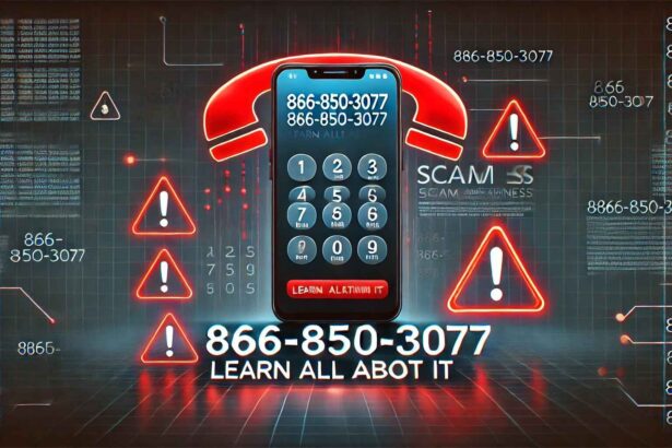A warning sign with 866-850-3077 displayed on a ringing phone, alerting about potential scams.