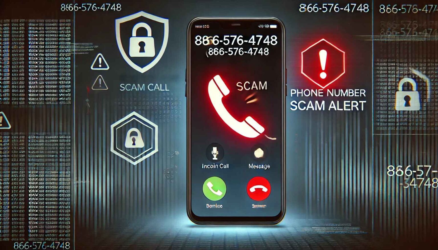 866-576-4748 Phone Number Scam Alert with a red warning sign on a smartphone screen.