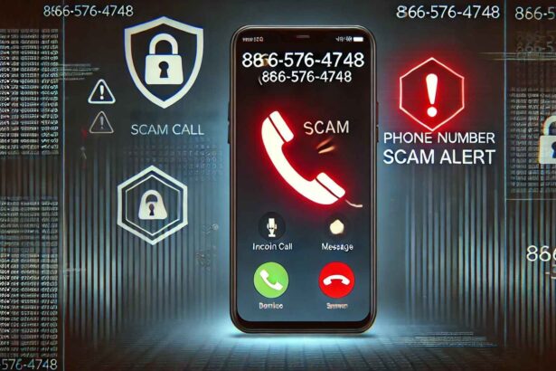 866-576-4748 Phone Number Scam Alert with a red warning sign on a smartphone screen.