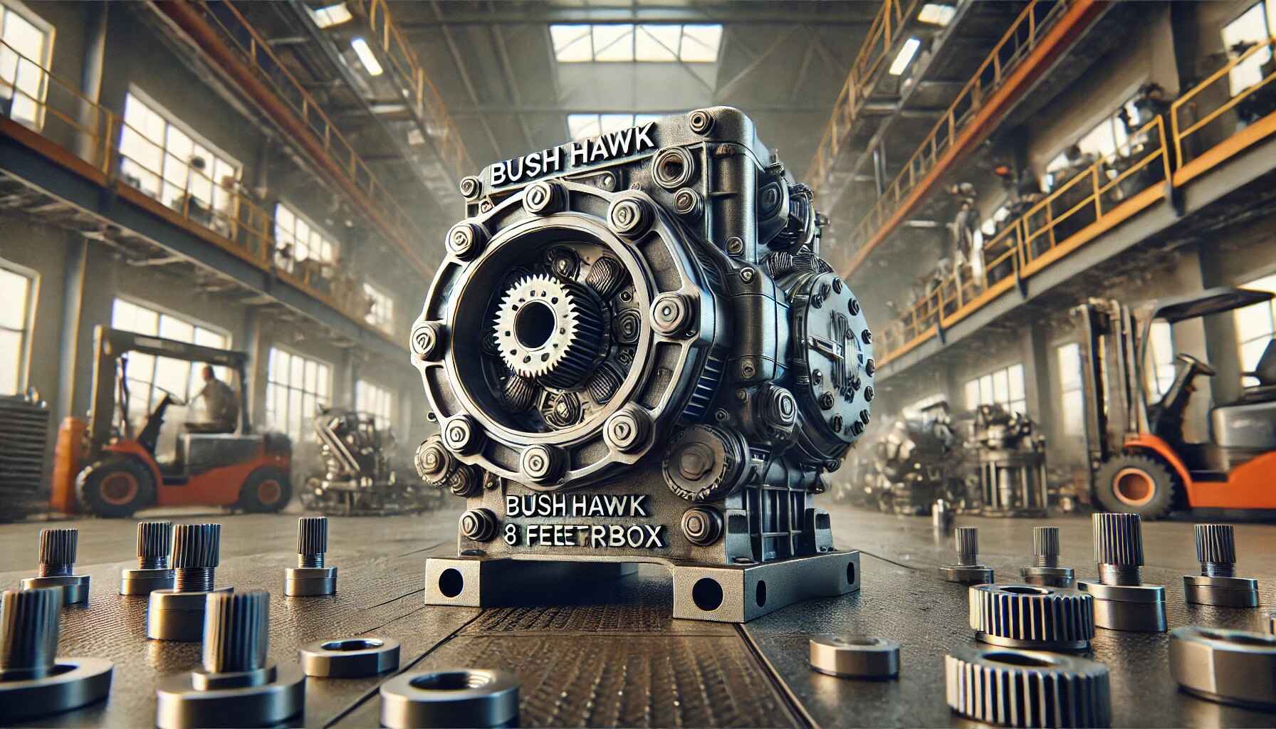 The Bush Hawk 8 Feet Gearbox in a factory, showing its strong metal body and design