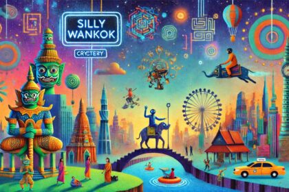 A bright city with funny creatures and glowing signs, showing Silly Wankok.