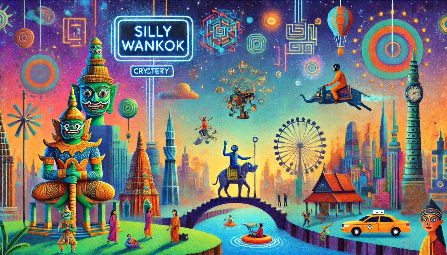 A bright city with funny creatures and glowing signs, showing Silly Wankok.