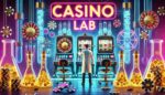 Casino Lab with neon lights, slot machines, and test tubes.