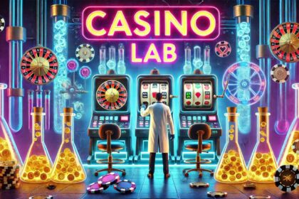 Casino Lab with neon lights, slot machines, and test tubes.