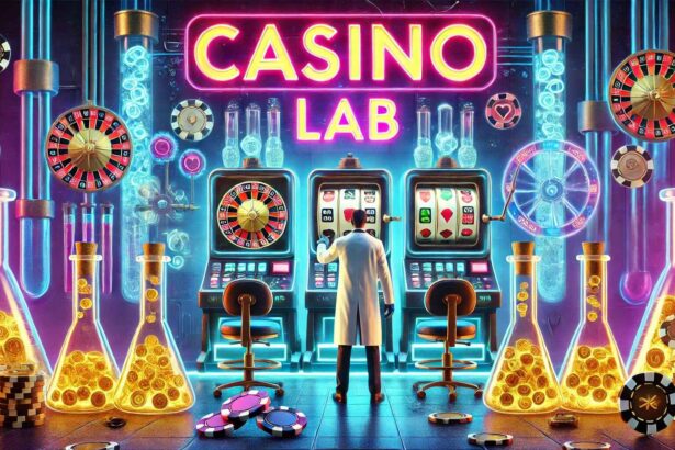 Casino Lab with neon lights, slot machines, and test tubes.