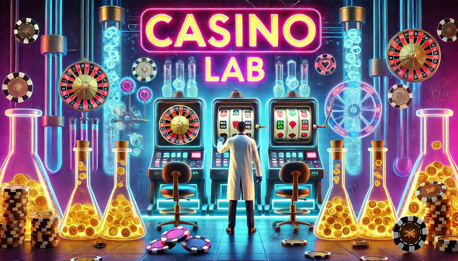 Casino Lab with neon lights, slot machines, and test tubes.