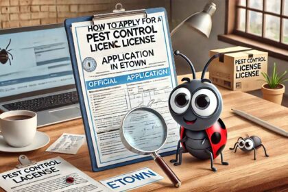 Apply for Pest Control License in Etown with a curious bug inspecting the application.