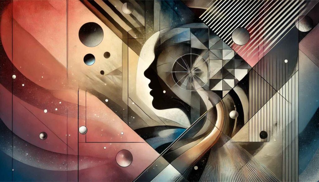 A surrealist artwork inspired by Man Ray Minotaur, featuring abstract shapes and bold contrasts.