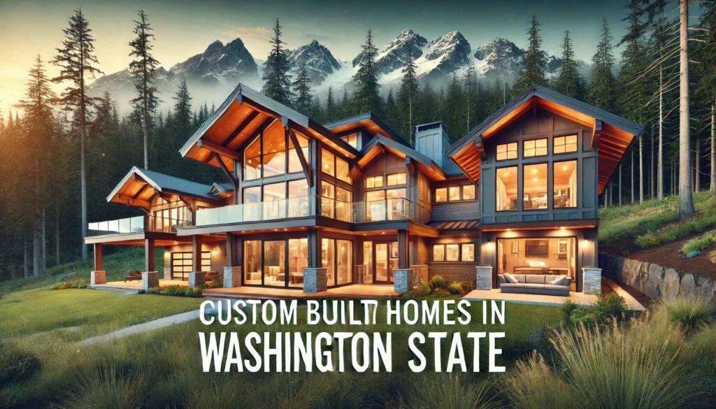 A breathtaking custom-built homes in Washington State, surrounded by lush forests and mountains, featuring modern architecture with large windows and a spacious deck.