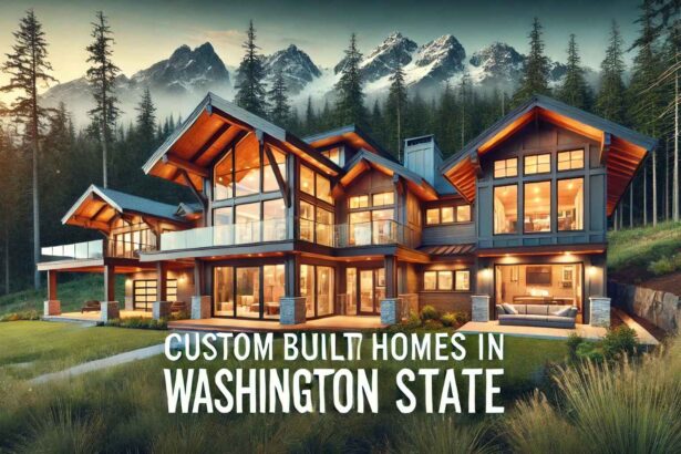 A breathtaking custom-built homes in Washington State, surrounded by lush forests and mountains, featuring modern architecture with large windows and a spacious deck.