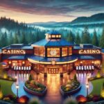 A luxurious casino in Washington State with bright lights and a scenic backdrop.