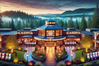 A luxurious casino in Washington State with bright lights and a scenic backdrop.