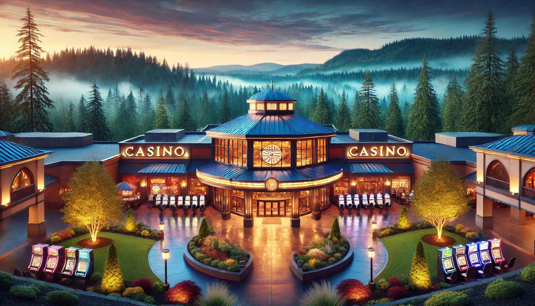 A luxurious casino in Washington State with bright lights and a scenic backdrop.