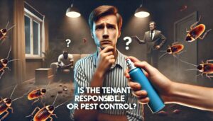 Tenant holding pest spray, looking at cockroaches and rats.