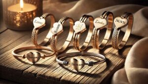 Shop personalized heart bracelets on a wooden surface.