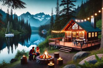 Lakeside cabin with a firepit, ideal for an affordable romantic getaways in Washington State.