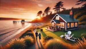 Beachside retreat with a couple walking at sunset in Washington State.