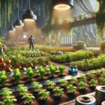 Abiotic Factor garden plot with glowing crops and irrigation system.