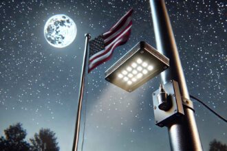 LED Flagpole Lamp 3.7V with bright white LEDs illuminating a flagpole against a dark sky.