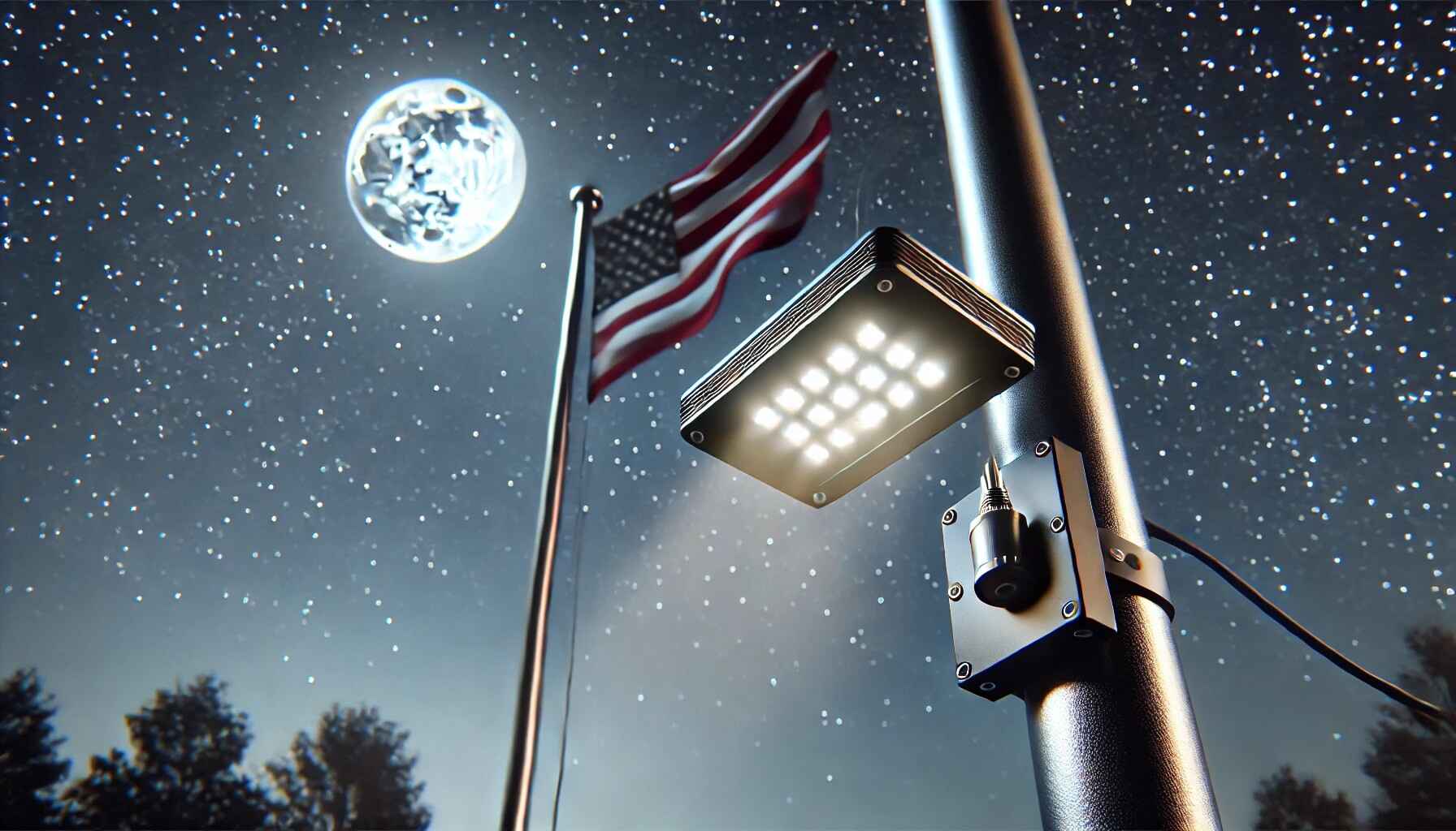 LED Flagpole Lamp 3.7V with bright white LEDs illuminating a flagpole against a dark sky.