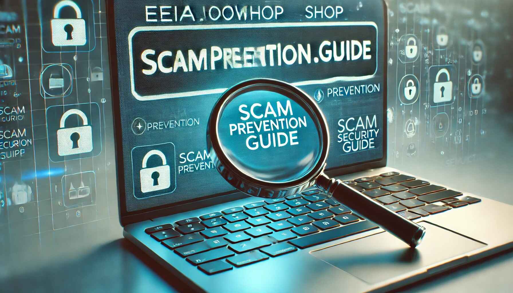 eeiaoiwol.shop review with magnifying glass and scam prevention theme.