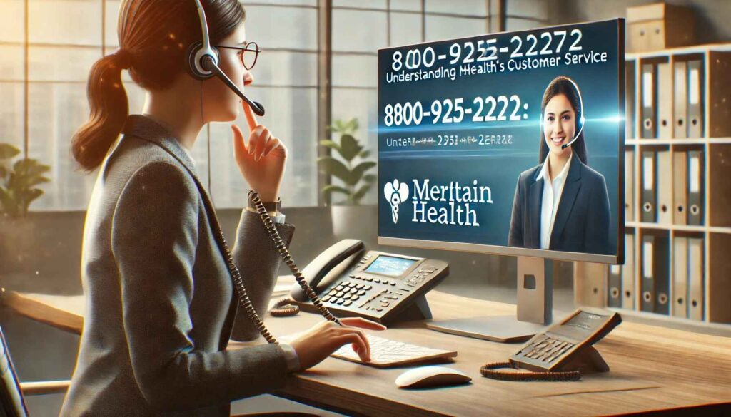 A customer service representative assisting a caller, with a phone screen displaying 800-925-2272 and Meritain Health branding in the background.