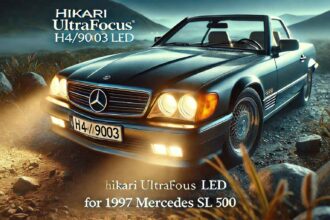 Hikari UltraFocus H4/9003 LED for 1997 Mercedes SL 500 installed on a classic SL 500, illuminating the road at night.