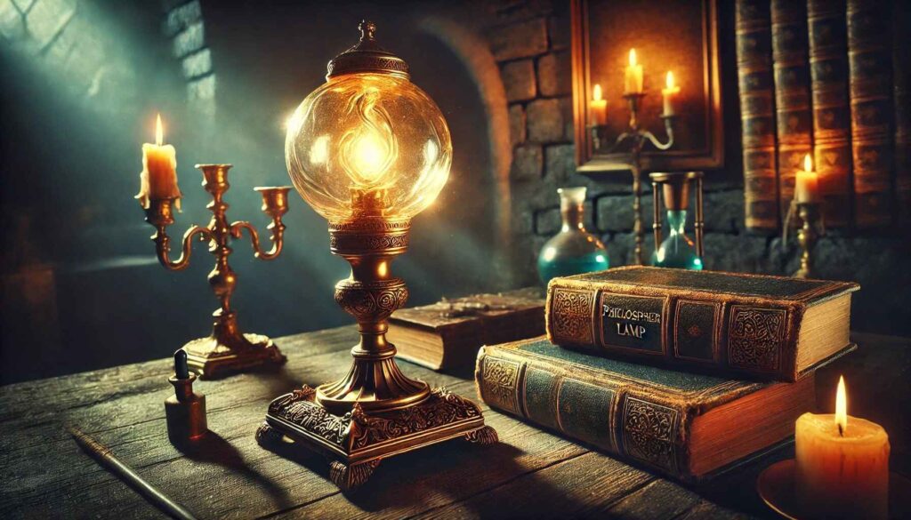 A mystical and ancient Philosopher's Lamp glowing with an ethereal golden light, surrounded by old books and alchemical tools.