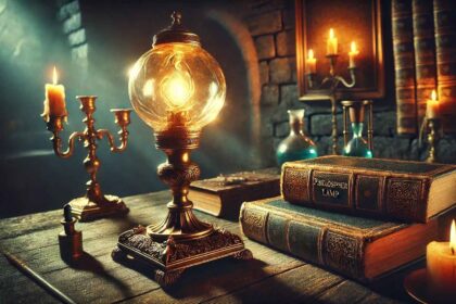 A mystical and ancient Philosopher's Lamp glowing with an ethereal golden light, surrounded by old books and alchemical tools.