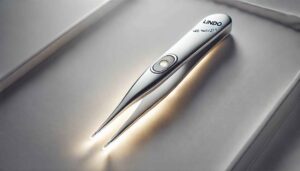 Lindo LED Tweezer on a white surface with LED on.