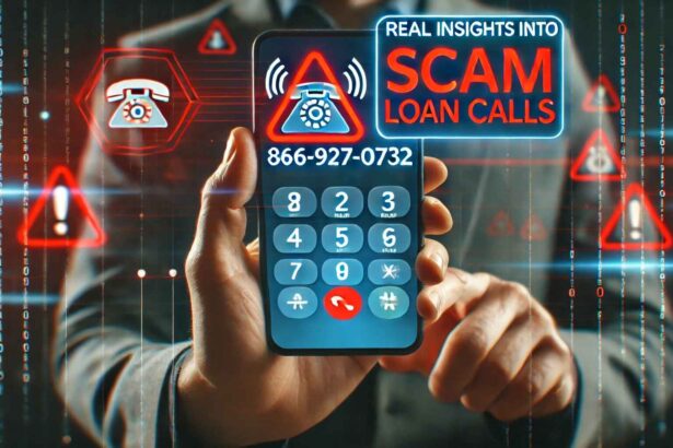 A smartphone screen displaying the number 866-927-0732, warning of a scam loan call. A person is holding the phone with red alert symbols surrounding the screen.