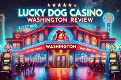 Lucky Dog Casino Washington Review showcasing the vibrant exterior with neon signs and a lively entrance.
