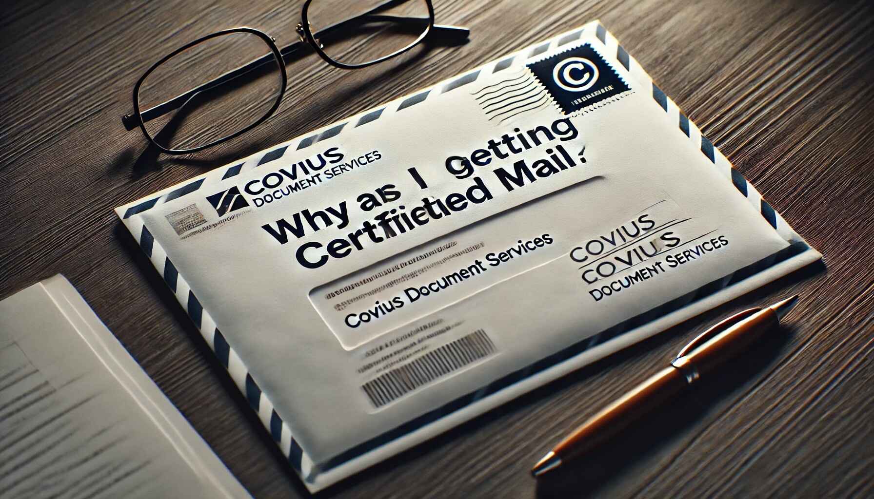 Certified mail envelope with the text "Why Am I Getting Certified Mail from Covius Document Services?" on a desk.