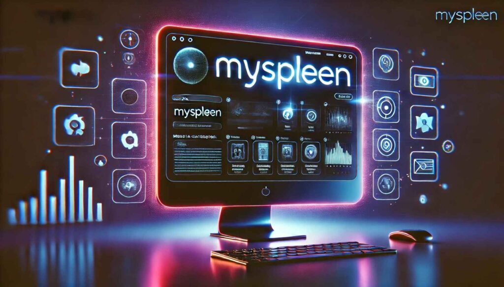 Myspleen platform displayed on a sleek digital interface with media categories.