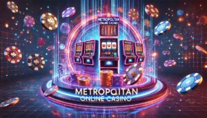 Metropolitan Online Casino with neon lights and digital slots.