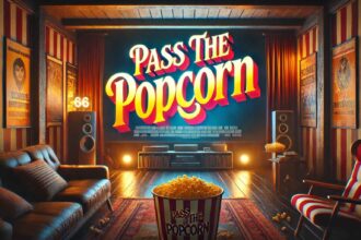 PassThePopcorn home theater setup with a big screen, popcorn, and cozy lighting.