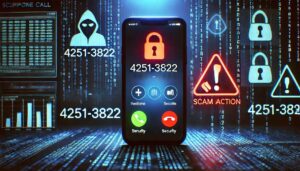 4251-3822 Phone Number – A smartphone shows a red scam alert with a cyber-security theme.