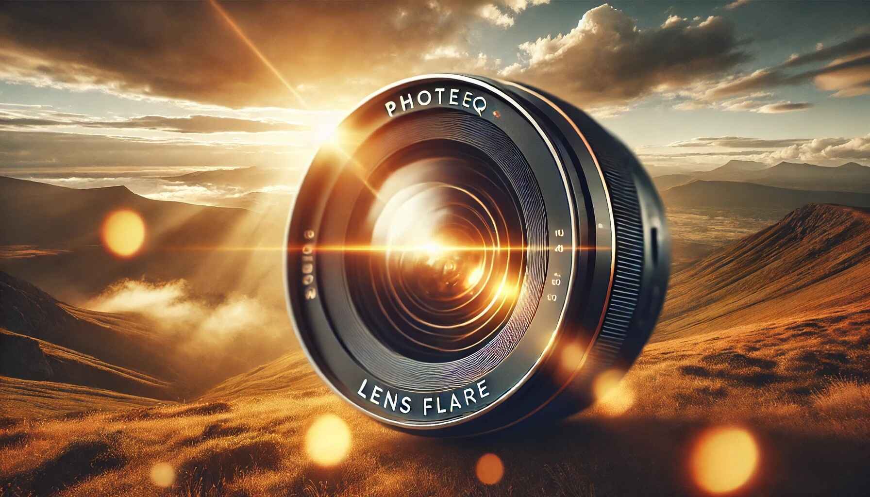 Photeeq Lens Flare effect on a modern camera lens with a natural landscape