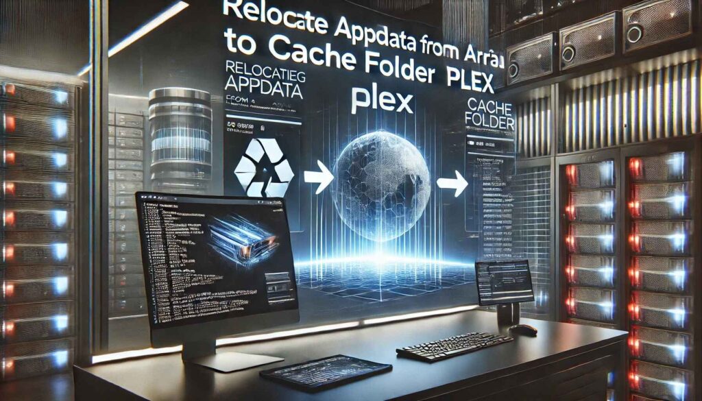 A futuristic tech setup illustrating the relocation of AppData from an array to a cache folder in Plex.