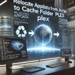 A futuristic tech setup illustrating the relocation of AppData from an array to a cache folder in Plex.