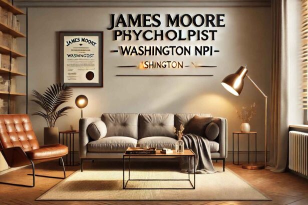 A professional therapy office representing James Moore, Psychologist in Washington, with warm lighting, modern furniture, and a calming atmosphere.