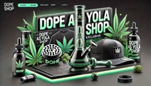 Dope As Yola Shop banner with bongs, grinders, and THC syrup in a neon-themed setting.