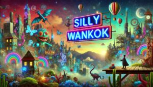 A colorful and surreal world with floating islands, funny creatures, and glowing signs, showing the quirky idea of Silly Wankok.