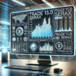 A high-tech computer screen showcasing Trade 13.0 Serax with financial graphs and AI-powered analytics.