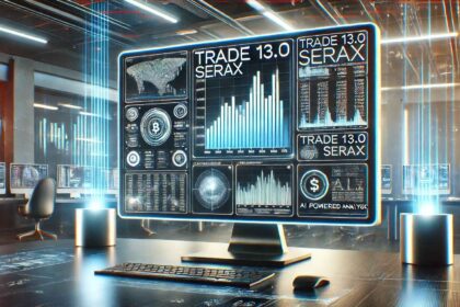 A high-tech computer screen showcasing Trade 13.0 Serax with financial graphs and AI-powered analytics.